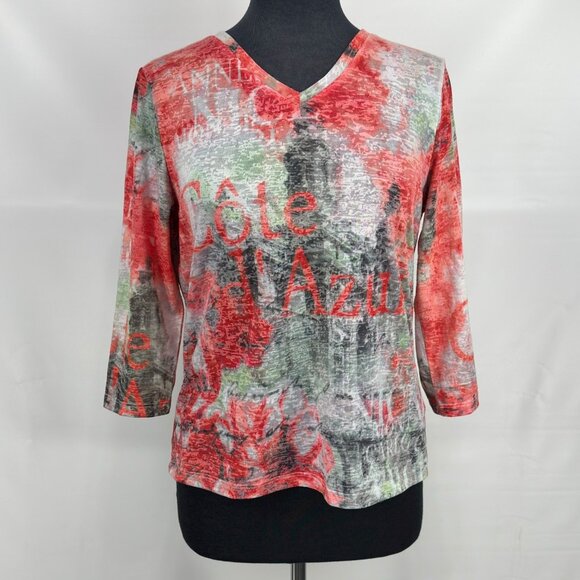 Laura Petites burnout graphic print long sleeve V-neck mesh top womens petite M - Picture 2 of 11
